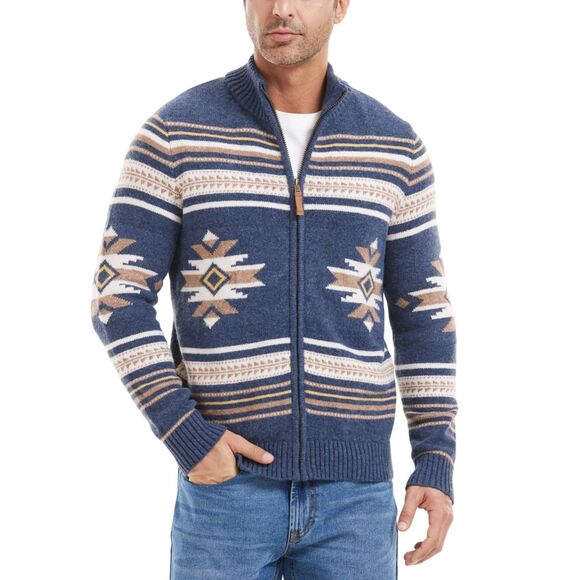 Frye Mens Mock Neck Cardigan Navy Beige Full Zip Southwest Heavyweight - Picture 2 of 8